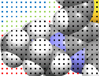 space filled molecule with grid and different types of points